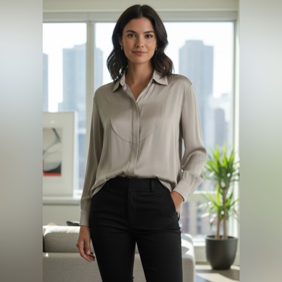 Reiss Tops - Reiss Rocco satin button up shirt blouse Size 10 neutral khaki tan